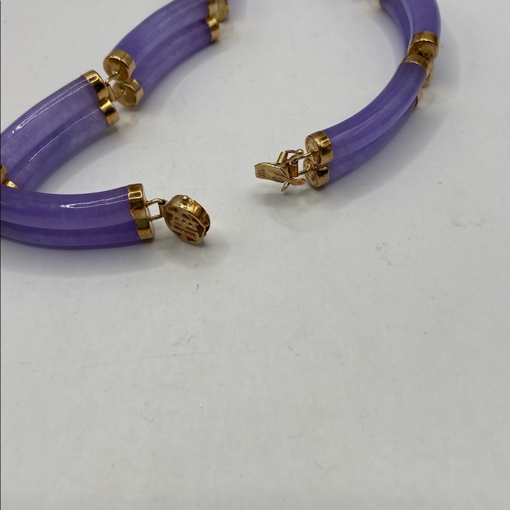 Vintage 14K Yellow Gold Double Row Good Fortune Lavender Jade Bracelet 8 1/4”L - Picture 5 of 8